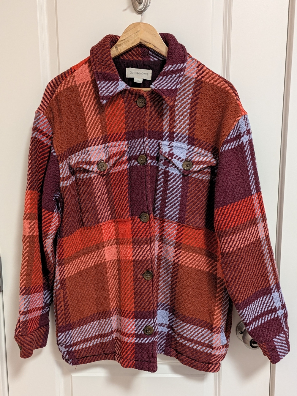 Outerknown Cloud Weave Shacket - Orange, Blue, & Maroon Plaid